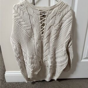 Express Cream Cable-Knit Sweater with Lace-Up Back